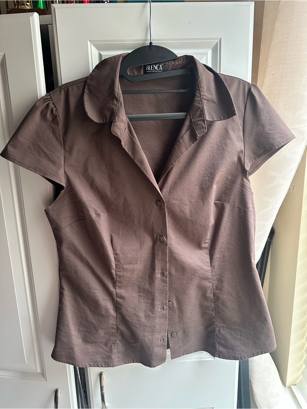Brown Short-Sleeve Button Front Women's Top